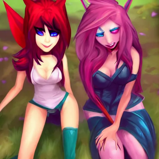 Image similar to league of legends, xayah and kai'sa as best friends, funny, flirty, smiling, playing, photo