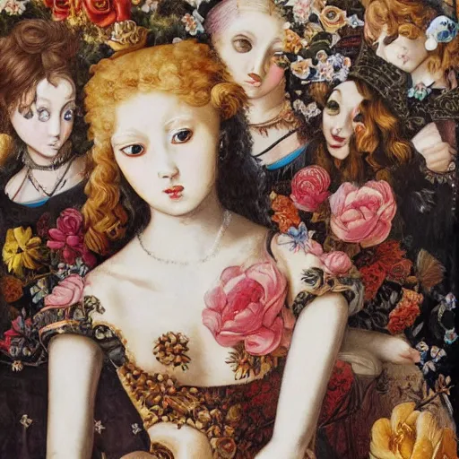 Image similar to oil painting heavy brushstrokes, renaissance, baroque, group of creepy young ladies wearing renaissance long harajuku manga dress with flowers and skulls, background chaotic flowers