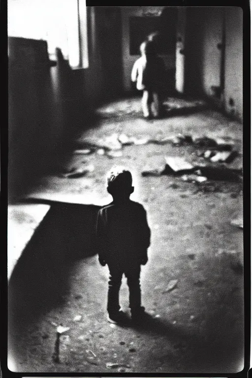 Prompt: photo polaroid of a sad and lonely child in a city devastated by bombs has a gun in his hand, loneliness,war, black and white ,photorealistic, 35mm film,