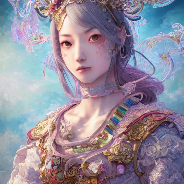 Prompt: studio portrait of neutral good rainbow colorful female cleric bard healer as absurdly beautiful, elegant, young skinny japanese gravure idol, an ultrafine hyperdetailed illustration by kim jung gi, intricate linework, detailed faces, super sharp focus, bright colors, octopath traveler, final fantasy, unreal engine 5 highly rendered, global illumination, radiant light, detailed and intricate environment