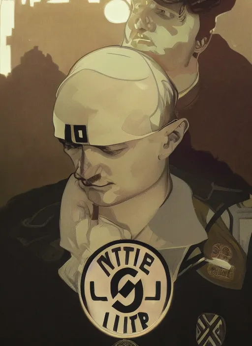 Image similar to Hitler in luxuruous sweatshirt nike suit, sigma male, nike logo, accurately portrayed, portrait art by alphonse mucha and greg rutkowski, highly detailed, digital painting, concept art, illustration, dim lighting with twilight rays of sunlight, trending on artstation, very detailed, smooth, sharp focus, octane render, close up