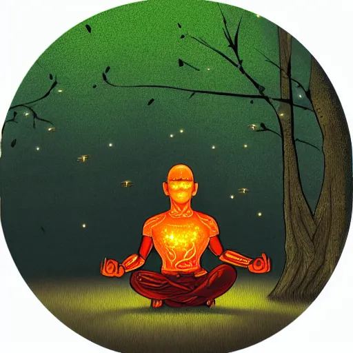 Prompt: A cyborg meditating under a tree at night, fireflies flying around him, photorealistic style