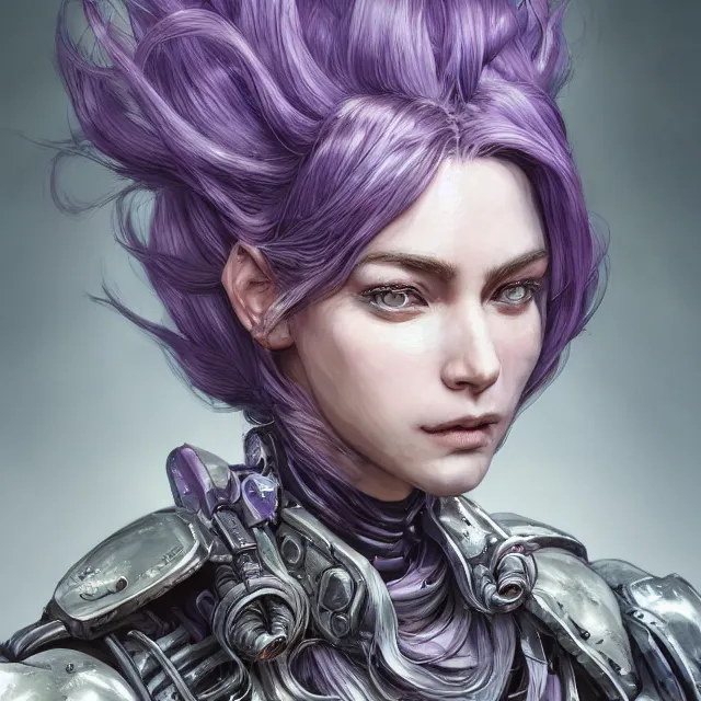 Prompt: close facial portrait of a pale woman in power armor with flowing purple hair, elegant, stoic, intense, ultrafine hyperdetailed illustration by kim jung gi, irakli nadar, intricate linework, sharp focus, bright colors, octopath traveler, final fantasy, hearthstone, highly rendered, global illumination, radiant light, detailed, intricate environment