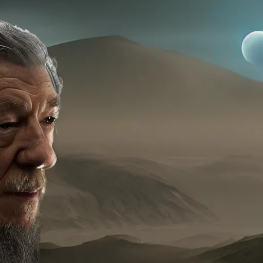 Image similar to landscape photo of ian mckellen as osama bin laden in a dark hood fighting an alien invasion by creatures from jupiter, arial shot, highly detailed, cinematic shot, cinematic lighting, 8 k.