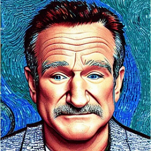 Image similar to portrait of robin williams, caricature,, mashup between mc escher and vincent van gogh