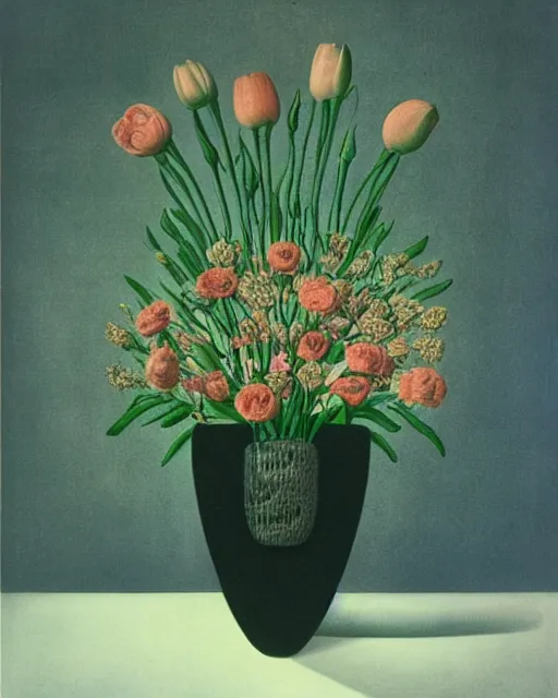 Image similar to a vase of flowers by h. r. giger and rene magritte