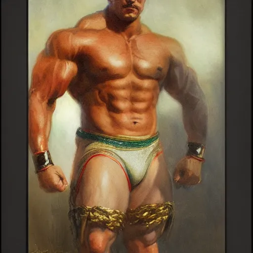 Image similar to handsome portrait of a wrestler guy bodybuilder posing, war hero, wrestling singlet, radiant light, caustics, by gaston bussiere, bayard wu, greg rutkowski, giger, maxim verehin
