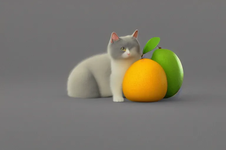 Prompt: a cute cat as mango fruit, misty, glows, blender render, hazy, foggy, green lighting,