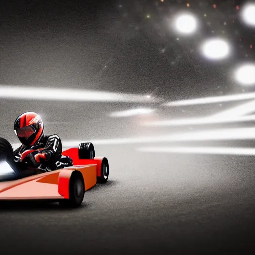 Prompt: go - kart racer taking a corner at speed on a race track, motion blur, laser, smoke, debris, fast movement, artistic angle, light streaks, dark mood, night time, ultra realistic