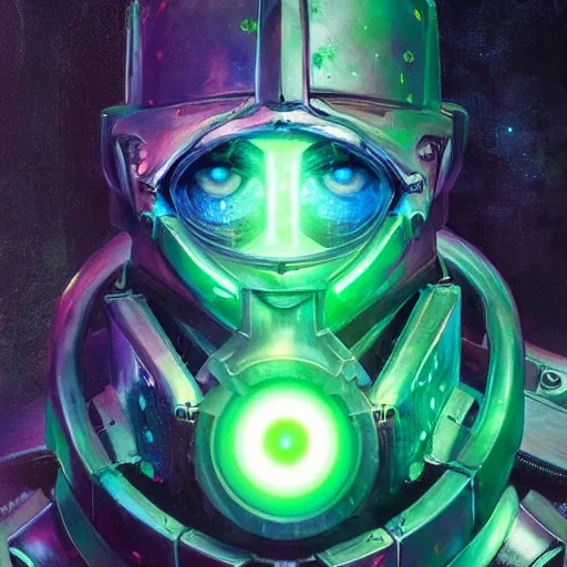 Image similar to portrait of an evil robotic man as a paladin in full shining armor with one beautiful green glowing eye, oil painting, digital painting, intricate detail, vivid color, neon color, artwork by ross tran + raymond swanland, background artwork by steven outram