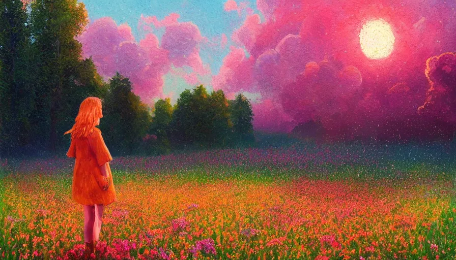 Prompt: girl with a flower face, surreal, dream, standing in flower field, hills, big trees, sunrise dramatic light, impressionist painting, colorful clouds, digital painting, pointillism, artstation, simon stalenhag