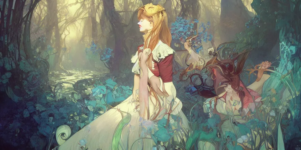 Prompt: a beautiful insanely painting of alice in wonderland, reflexions, colorfull, by william turner art, by greg rutkowski, by alphonse mucha, by james jean, by rossdraws, by frank franzzeta, by sakimichan, trending on artstation, insanely detailed, masterpiece,