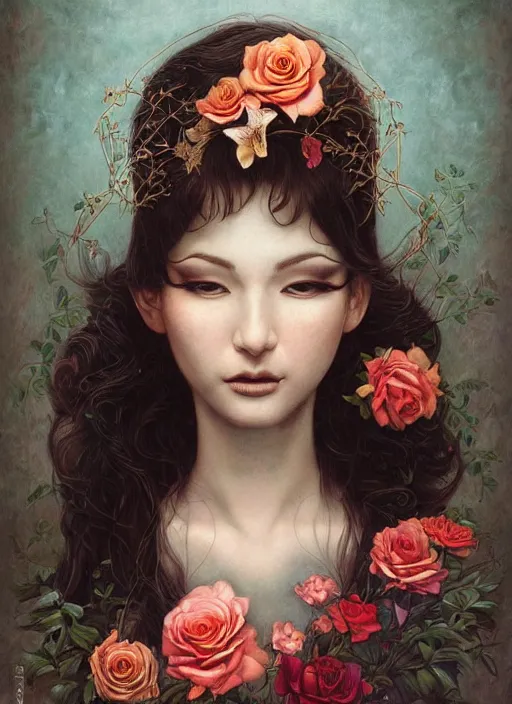 Prompt: lisa ann, cat eye, botanical, rose, portrait face, colorful, kupka, intricate, miles johnston, kuroda seiki, ozabu, godward, painterly, yoshitaka amano, moebius, miles johnston, louise zhang, james jean, mark ryden lowbrow pop surrealism art style