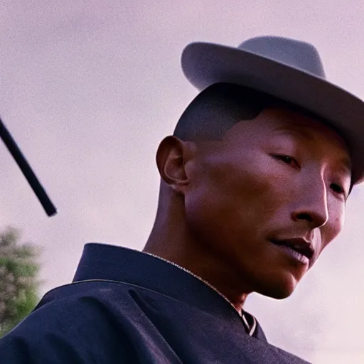 Image similar to cinematic film still Pharrell Williams starring as a Samurai holding fire, Japanese CGI, VFX, 2003, 40mm lens, shallow depth of field,film photography