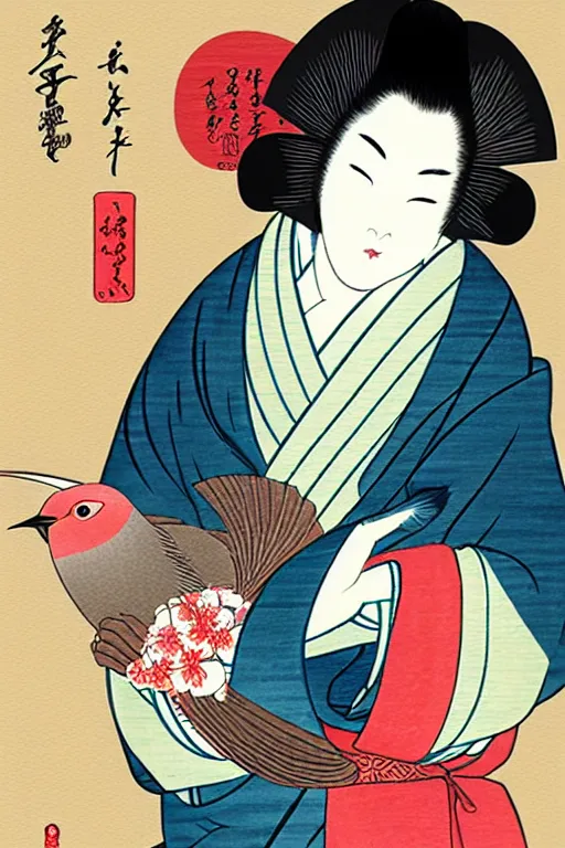 Image similar to a woman in a kimono is holding a bird, a storybook illustration by Yuumei, tumblr contest winner, ukiyo-e, tarot card, storybook illustration, digital illustration