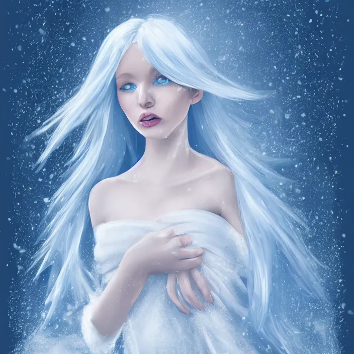 Prompt: full body portrait of a woman with pale blue hair wearing a covering white dress made out of snowflake in the middle of a heavy snowstorm. pale, sickly looking. digital art by maromi sagi