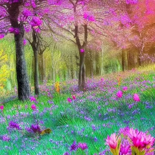 Image similar to A forest with beautiful flowers scatter across the field with large trees of all colors, digital art, detailed, trending on artstaion