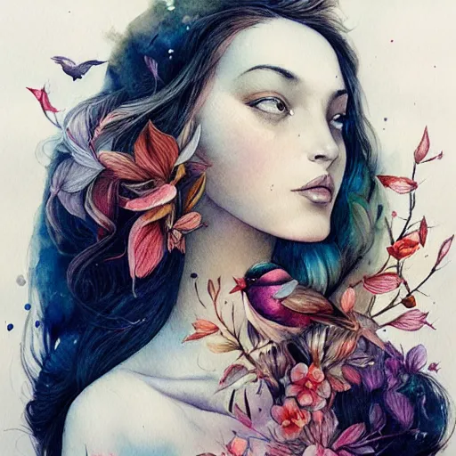 Image similar to watercolor woman with birds by anna dittmann, by marco mazzoni