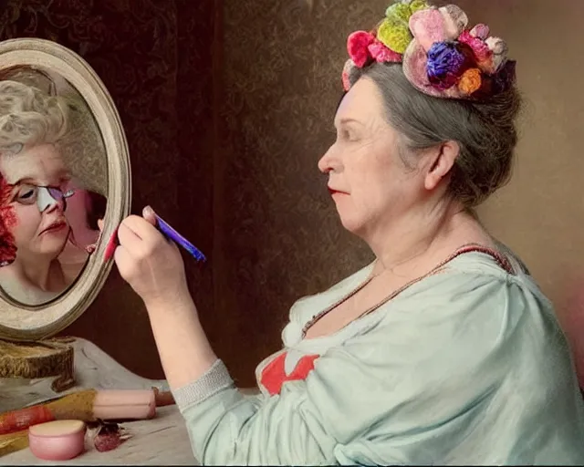 Prompt: an innocent and beautiful scene in hyper realistic style, about an old and lonely woman applying makeup in front of the camera, and modeling a victorian dress. a huge and colorful fish sits on her head.