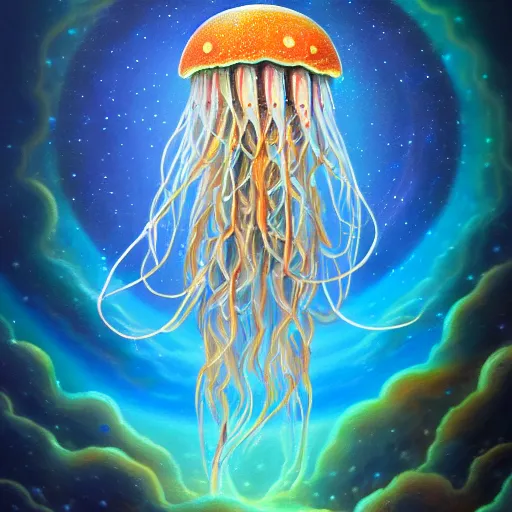 Image similar to powerful stern god of jellyfish metaverse made of ancient magic technology, galactic nebular astral realm sacred journey in oil painting, trending on artstation, award winning, emotional, highly detailed surrealist art