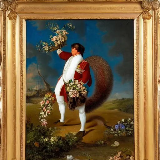 Image similar to a giant fluffy squirrel carrying napoleon bonaparte on its back, beach scene, flowers and foliage, detailed oil painting