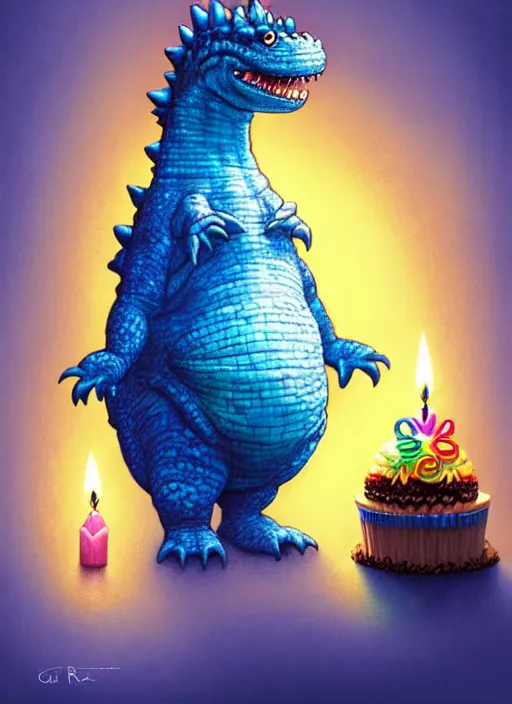 Prompt: portrait of a happy small fat blue godzilla with a birthday cake, wearing a funny rainbow hat, intricate, elegant, candle light, highly detailed, digital painting, artstation, concept art, smooth, sharp focus, illustration, art by wlop, mars ravelo and greg rutkowski