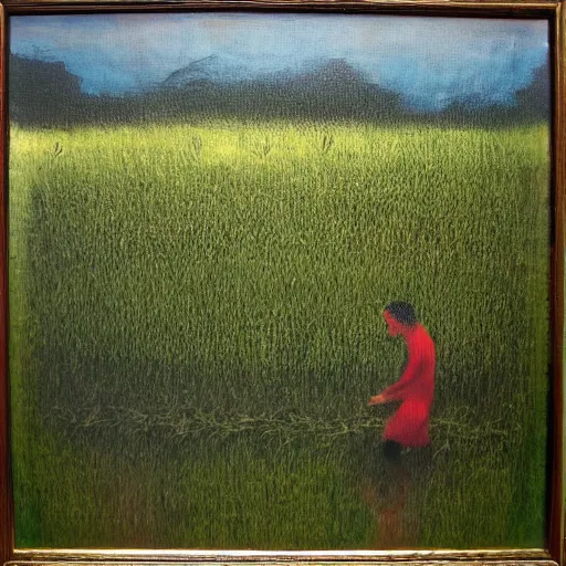 Image similar to abstract painting of a rice paddy, a man farming