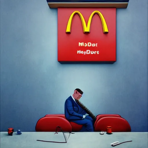 Prompt: a politician in a blue suit and red tie in an electric chair, mcdonalds french fries, beksinski, dariusz zawadzki, symmetrical, very coherent symmetrical artwork, cinematic, hyper realism, high detail, octane render, 8 k