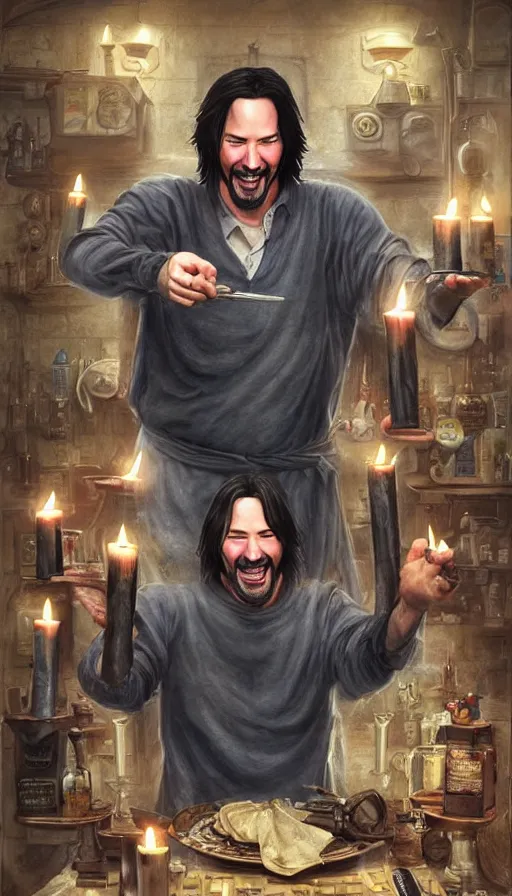 Image similar to keanu reeves as fat drunk tavern owner, apron, laughing, candles, fame of thrones, warhammer, fibonacci, sweat drops, intricate fashion clothing, insane, intricate, highly detailed, surrealistic, digital painting, artstation, concept art, smooth, sharp focus, illustration, unreal engine 5, 8 k, art by artgerm and greg rutkowski and alphonse mucha