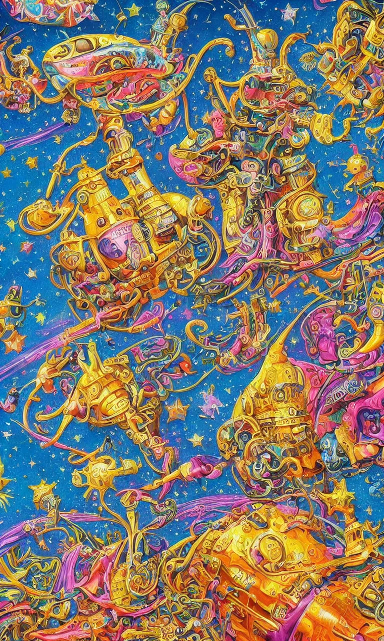 Image similar to an incredibly detailed masterpiece painting of a rocketship by bosch and lisa frank, ornate, beautiful, bold colors, detailed, high resolution, wow!, intricate