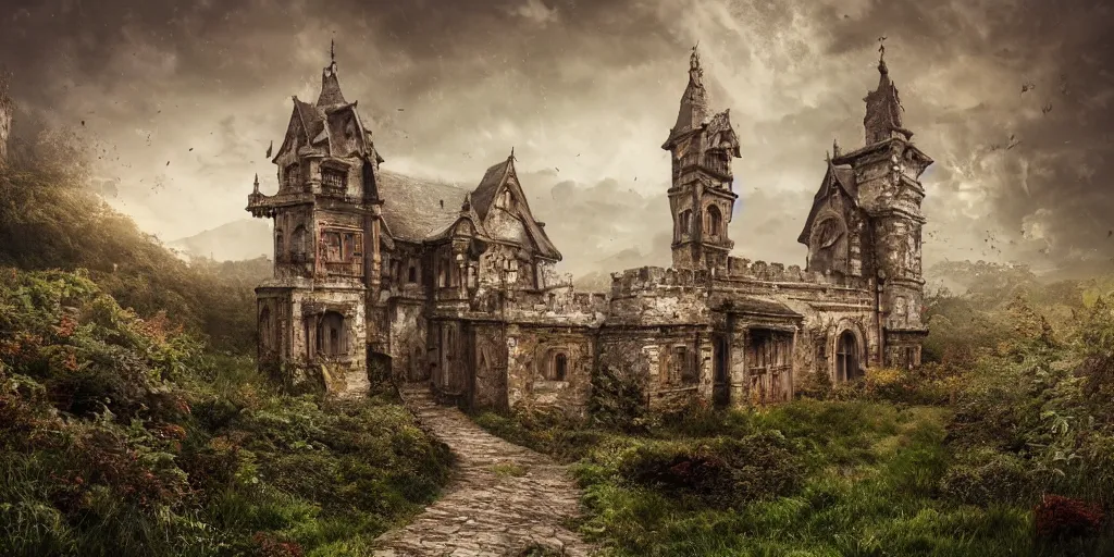 Image similar to matte painting, castle, dramatic landscape, overgrown, cinematic, overcast, lantern light