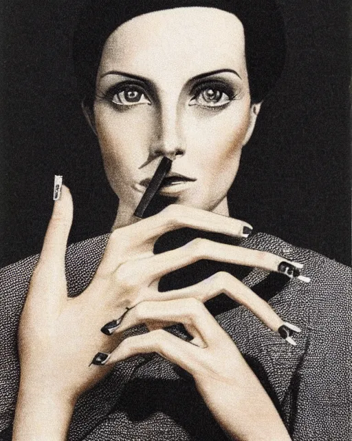 Image similar to you can see in the picture, acurate, real, elegant female hand, holding a cigarette with her fingers, elegant up to the elbow, only five fingers, separated, elegant, neat nails, fotorealism, advertisement for a crossover salon, style by Maurits Cornelis Escher, 8k,