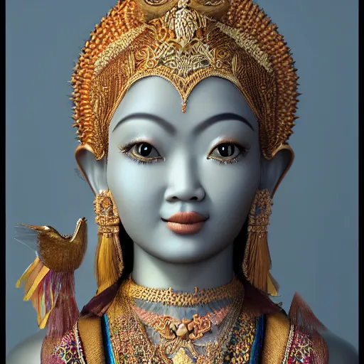 Image similar to hyper realistic portrait photo of indonesian saraswati goddess, portrait shot, intricate detail, octane render