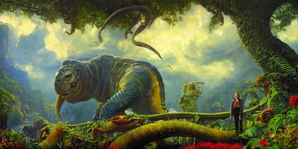 Prompt: fantasy oil painting, great leviathan, turtle cephalopod terrapin reptilian pachyderm amphibian hybrid, epic natural light, lush plants flowers, rainforest mountains, bright clouds, luminous sky, outer worlds, dynamic lighting, michael cheval, edward hopper, michael whelan, vray, 8 k hd