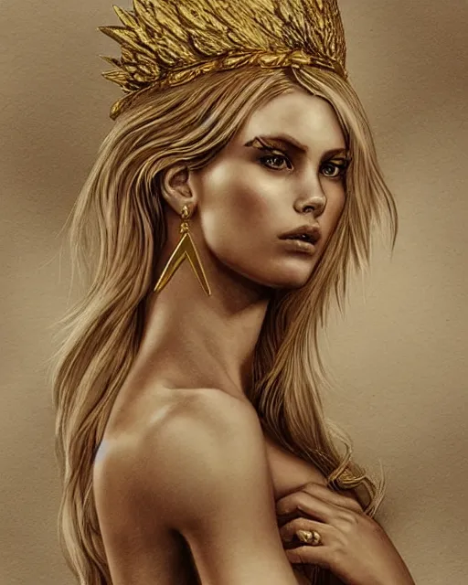 Image similar to tattoo sketch of hot blonde super model as aphrodite greek goddess wearing a gold laurel wreath and triangle earrings, beautiful piercing gaze with sharp pupils, in the style of greg rutkowski, fantasy, amazing detail, epic, elegant, smooth, sharp focus, front view