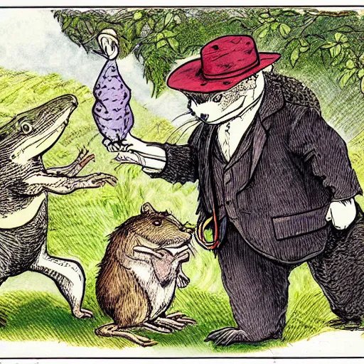 Image similar to colored illustration for the book wind in the willows, with toad welcominging his friends mole, water rat, and badger to toad hall, in style of sir john tenniel