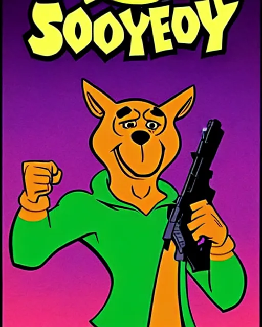 Prompt: scooby doo holding a gun as comic cover art, full body scooby doo, symmetrical eyes, realistic fur, beautiful, rim lighting, vivid colors