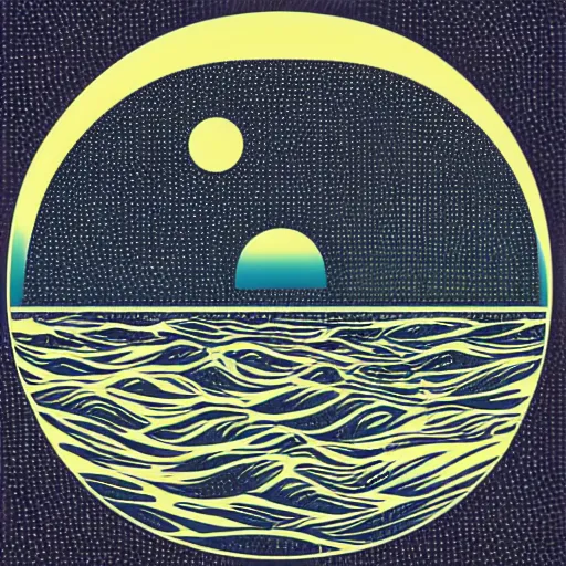 Image similar to a retro vector based illustration about a sunset on the ocean by Mike magnolia, negative space is allowed, black ink on white background, smooth curves