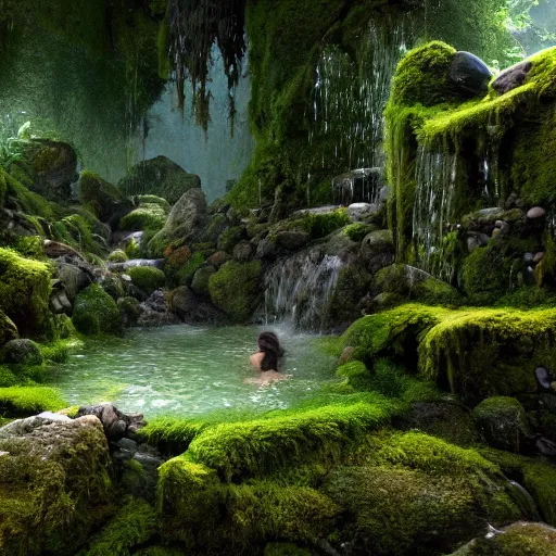 Prompt: A very beautiful picture. Stone grotto overgrown with moss. Water flows along the walls of the cave Woman takes a bath. Octane render. maya render. Photorealism. High detail. artstation trends. Wow. 4k.