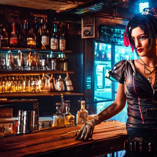 Image similar to a high quality portrait of a pirate bartender in a cyberpunk cyberpunk cyberpunk cafe, realism, 8k, award winning photo