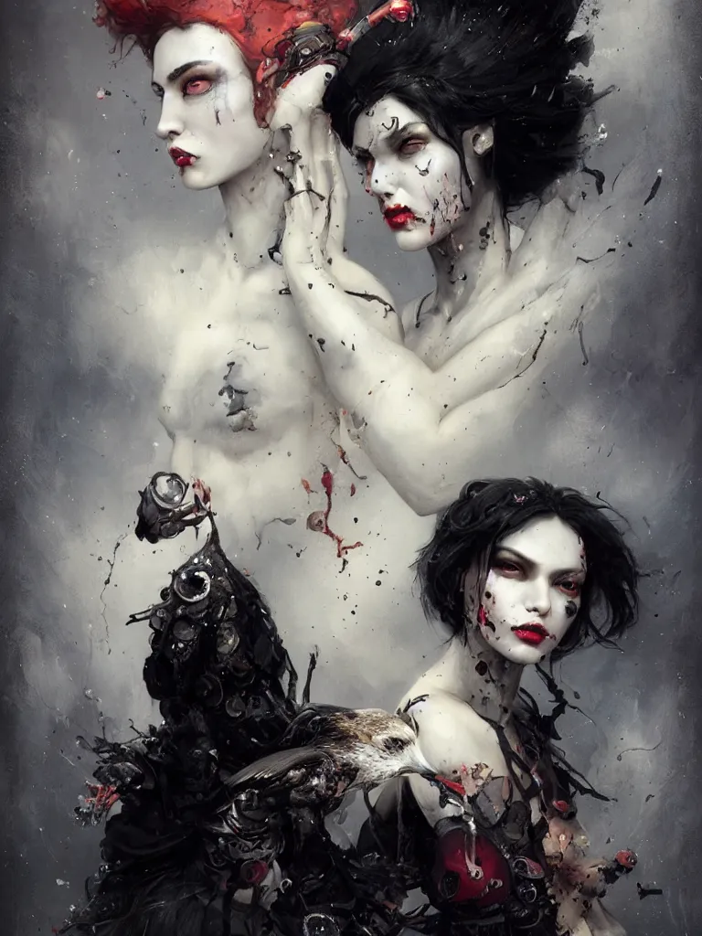 Prompt: a splatterpunk portrait of a gorgeous clone and her maker with jet black hair with one white strand, with thin lips, with a hawk pearched on her shoulderhyperrealistic, award-winning, masterpiece, in the style of Tom Bagshaw, Cedric Peyravernay, Peter Mohrbacher