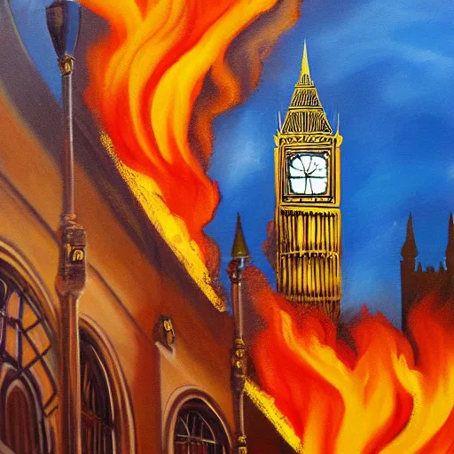 Image similar to detailed, soft, dynamic painting of the Big Ben in flames, burning, arson, professional painting, at dusk