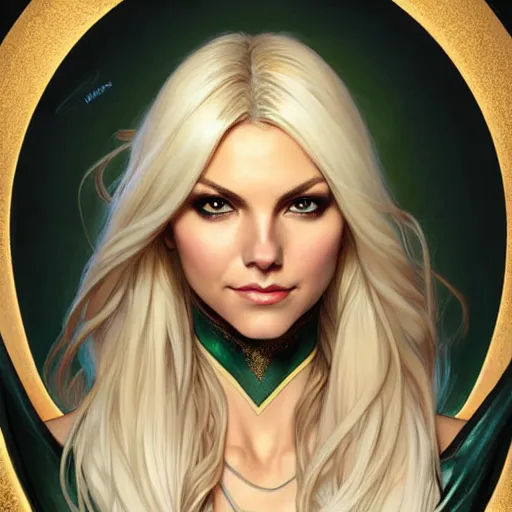 Image similar to Blonde Victoria Justice with green eyes as Emma Frost, western, D&D, fantasy, intricate, elegant, highly detailed, digital painting, artstation, concept art, matte, sharp focus, illustration, art by Artgerm and Greg Rutkowski and Alphonse Mucha