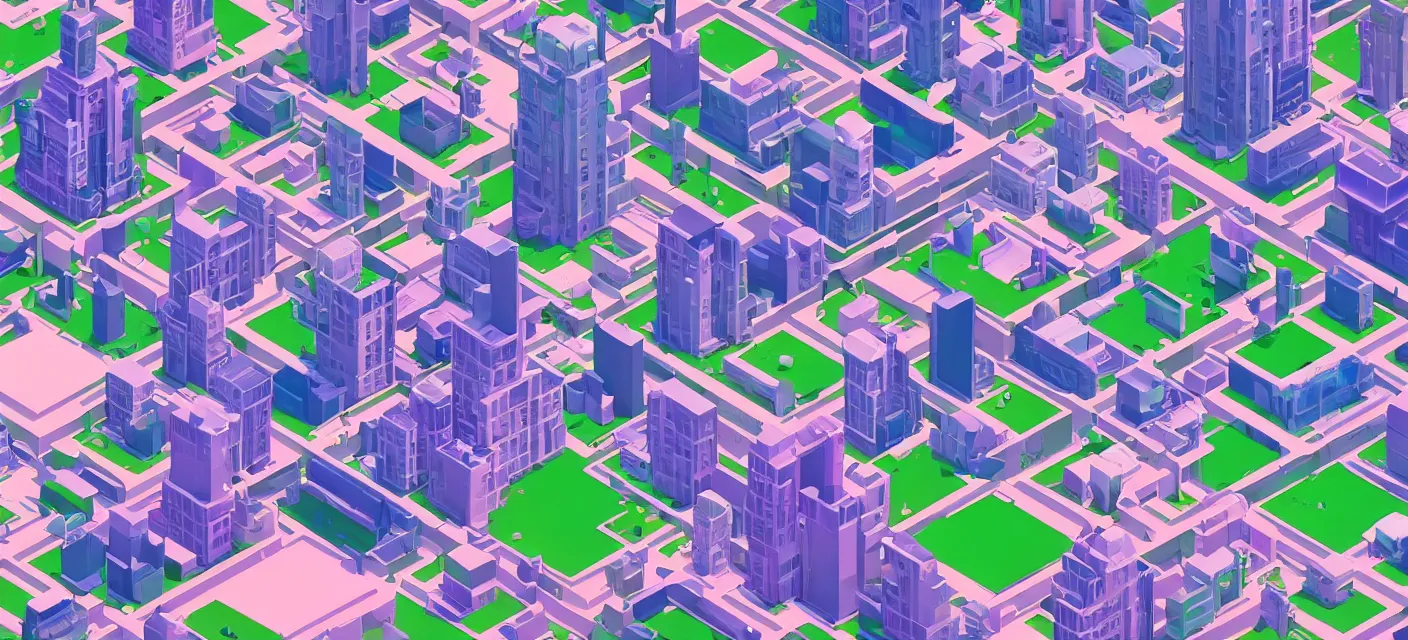 Prompt: vaporwave videogame city wallpaper, isometric, low poly, large,