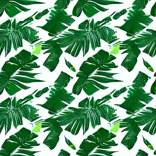 Image similar to repeating pattern, seamless. tropical palm leaves, green, flat color, hyperrealistic, minimalistic