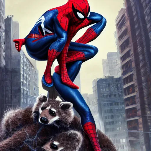 Image similar to spider - man sit on big raccoon, eating donuts, action scene, concept art, trending on artstation, highly detailed, intricate, sharp focus, digital art, 8 k