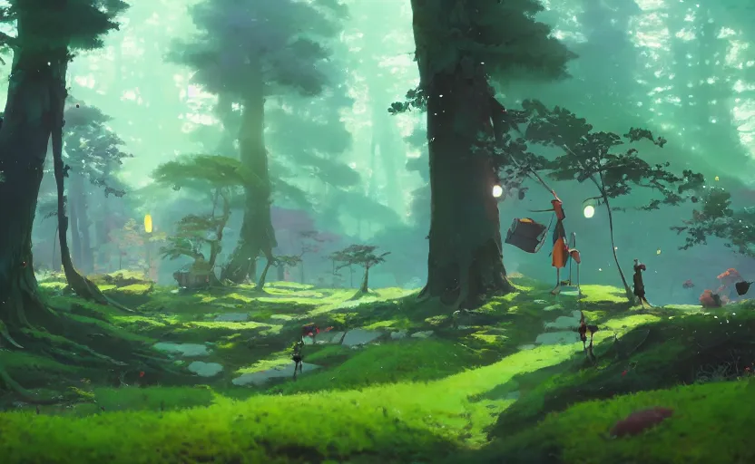 Image similar to fantasy forest with moss - covered machines, cory loftis, james gilleard, atey ghailan, makoto shinkai, goro fujita, studio ghibli, rim light, exquisite lighting, clear focus, very coherent, plain background, soft painting