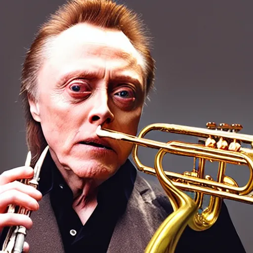 Prompt: Christopher Walken playing a trumpet with his ear