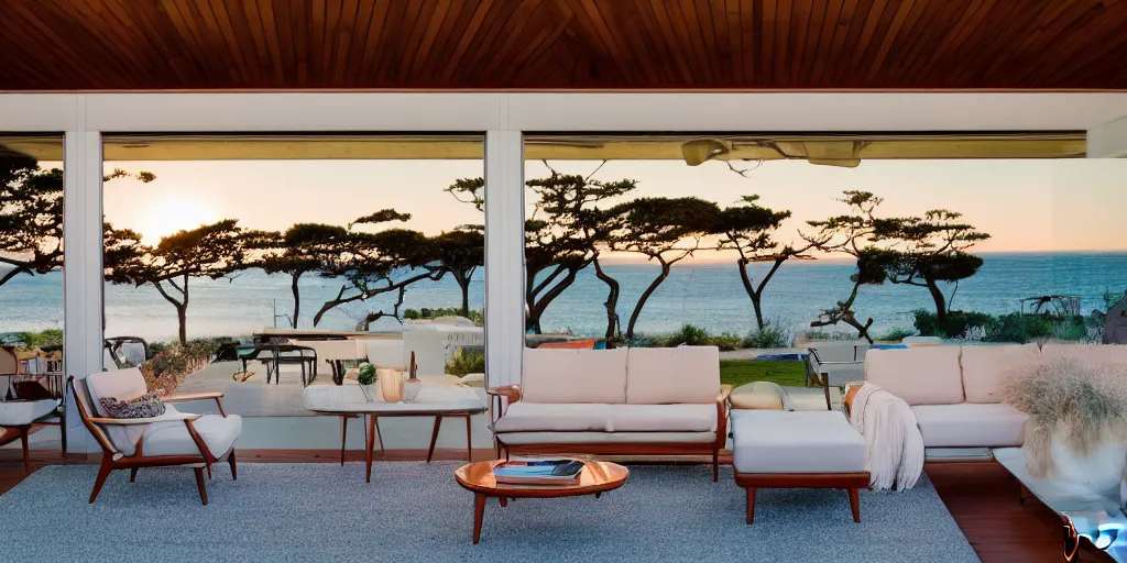 Image similar to a mid-century Eichler Home on a beach at sunset with view of the ocean, mid-century modern furniture, ceiling beams, sunset magazine, dwell magazine, intricate, extreme detail, photorealistic, 35mm lens, professional photography, award winning architectural photography