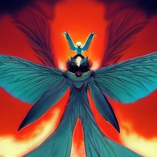 Image similar to 4K photo of mothman with giant wings , flawless anime cel animation by Manabu Oshashi and Satoshi Kon, professionally post-processed , beautiful, scary, symmetry accurate features, epic, octane rendered, anime masterpiece, accurate